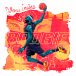 Imagem colorida de DeMarcus Cousins jogando basquete, com destaque para a palavra "BOOGIE". A arte apresenta um estilo vibrante e dinâmico, refletindo a energia do jogador em ação.