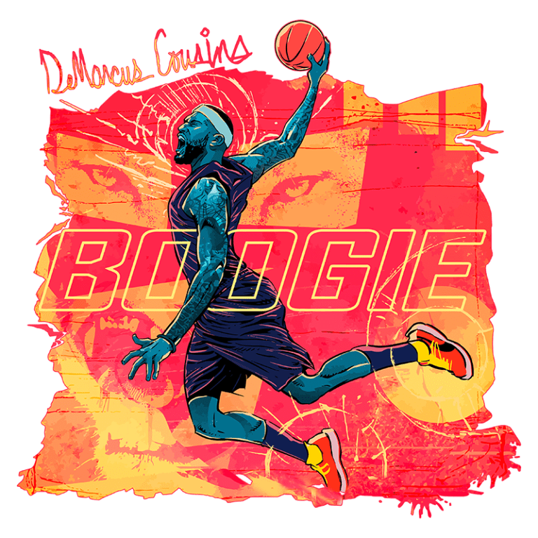Imagem colorida de DeMarcus Cousins jogando basquete, com destaque para a palavra "BOOGIE". A arte apresenta um estilo vibrante e dinâmico, refletindo a energia do jogador em ação.