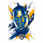 Retrato artístico de Kevin Durant, jogador da NBA, com cores vibrantes em azul e laranja, destacando o logotipo dos Brooklyn Nets.