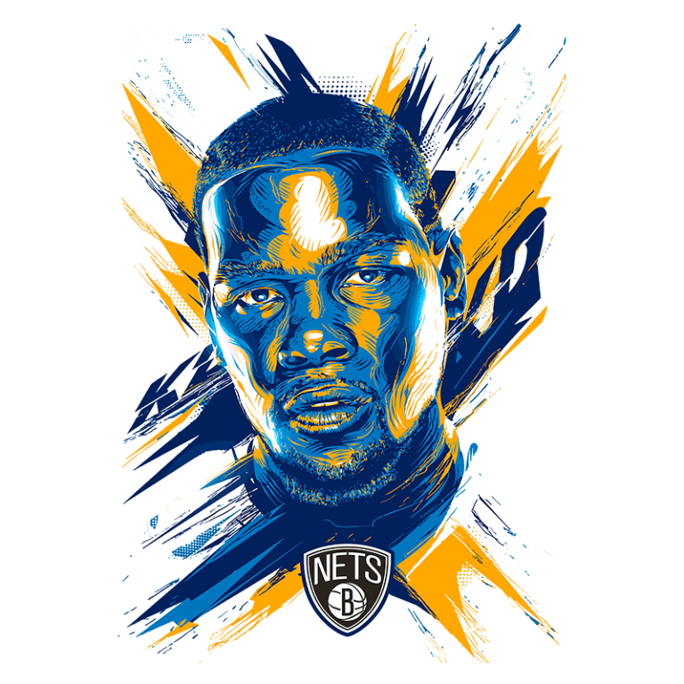 Retrato artístico de Kevin Durant, jogador da NBA, com cores vibrantes em azul e laranja, destacando o logotipo dos Brooklyn Nets.