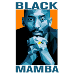 Ilustração geométrica de um homem com a frase "BLACK MAMBA" em destaque, representando uma figura icônica do basquete com um olhar pensativo e mãos entrelaçadas.