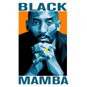 Ilustração geométrica de um homem com a frase "BLACK MAMBA" em destaque, representando uma figura icônica do basquete com um olhar pensativo e mãos entrelaçadas.