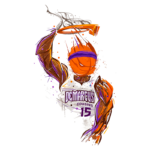 Desenho estilizado de um jogador de basquete em um uniforme branco com o nome "DeMarcus Cousins" e o número 15, realizando um arremesso. O personagem tem uma cabeça de bola de basquete, usando uma faixa roxa na cabeça, com um fundo artístico colorido. Ideal para fãs de esportes e cultura pop.