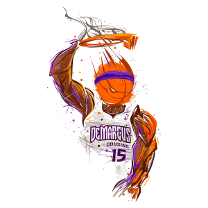 Desenho estilizado de um jogador de basquete em um uniforme branco com o nome "DeMarcus Cousins" e o número 15, realizando um arremesso. O personagem tem uma cabeça de bola de basquete, usando uma faixa roxa na cabeça, com um fundo artístico colorido. Ideal para fãs de esportes e cultura pop.