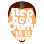Imagem estilizada do rosto de Stephen Curry, jogador do Golden State Warriors, com texto que destaca "Stephen Curry", "14-15" e "MVP". A logo da equipe está presente no topo.