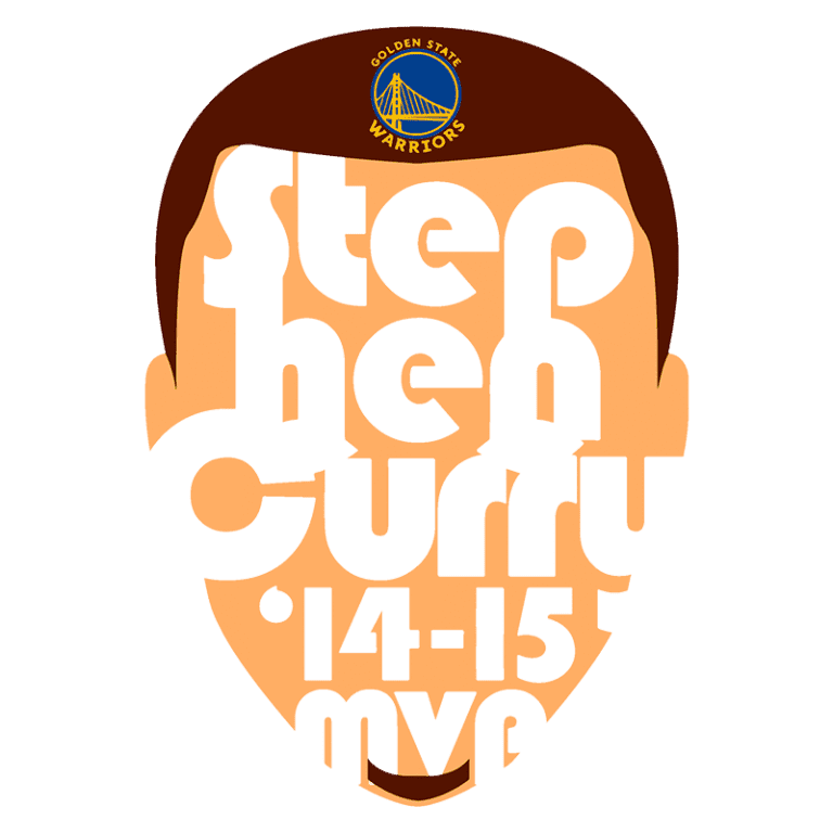 Imagem estilizada do rosto de Stephen Curry, jogador do Golden State Warriors, com texto que destaca "Stephen Curry", "14-15" e "MVP". A logo da equipe está presente no topo.