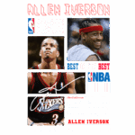 Imagem de Allen Iverson, famoso jogador de basquete da NBA, destacando sua carreira. Inclui fotos de Iverson em ação, seu nome em destaque, e informações sobre suas conquistas, como prêmios de MVP, e sua participação nos playoffs. O fundo apresenta elementos gráficos relacionados ao basquete e a liga da NBA.