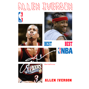Imagem de Allen Iverson, famoso jogador de basquete da NBA, destacando sua carreira. Inclui fotos de Iverson em ação, seu nome em destaque, e informações sobre suas conquistas, como prêmios de MVP, e sua participação nos playoffs. O fundo apresenta elementos gráficos relacionados ao basquete e a liga da NBA.