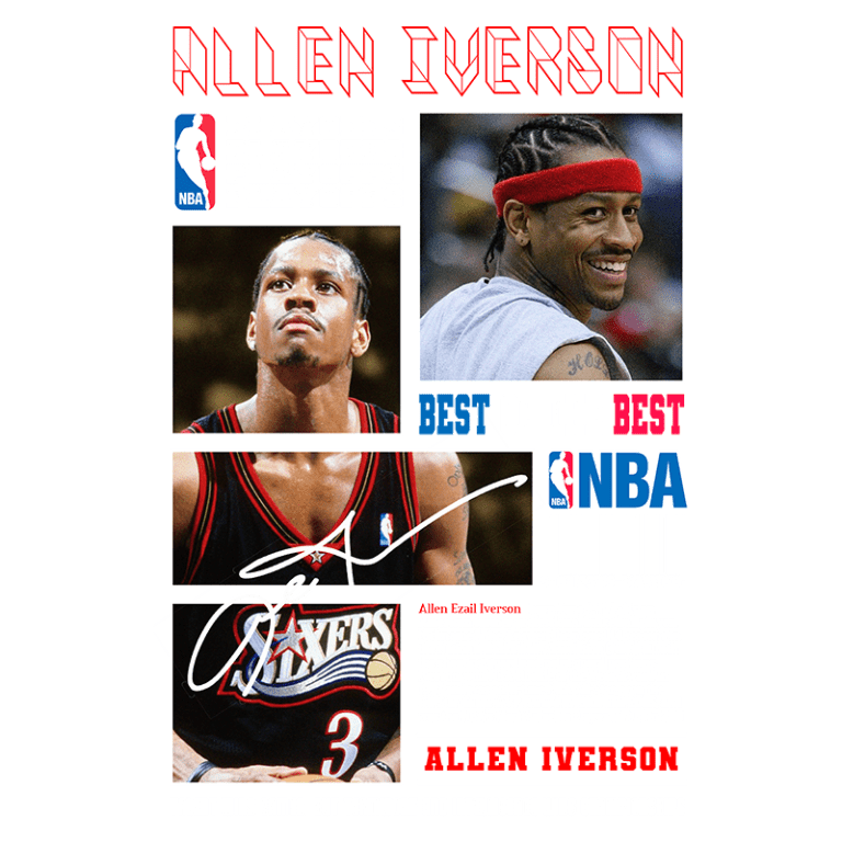 Imagem de Allen Iverson, famoso jogador de basquete da NBA, destacando sua carreira. Inclui fotos de Iverson em ação, seu nome em destaque, e informações sobre suas conquistas, como prêmios de MVP, e sua participação nos playoffs. O fundo apresenta elementos gráficos relacionados ao basquete e a liga da NBA.