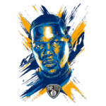 Ilustração artística de um jogador de basquete com cores vibrantes, apresentando o logotipo do Brooklyn Nets. O fundo possui traços dinâmicos em azul e laranja, realçando a intensidade da imagem.