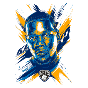 Ilustração artística de um jogador de basquete com cores vibrantes, apresentando o logotipo do Brooklyn Nets. O fundo possui traços dinâmicos em azul e laranja, realçando a intensidade da imagem.