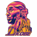 Ilustração em estilo pop art de Kobe Bryant, ex-jogador de basquete dos Lakers, mostrando sua determinação e habilidade, com destaque para seu nome e a icônica camisa amarela do time.