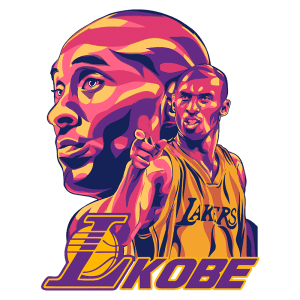 Ilustração em estilo pop art de Kobe Bryant, ex-jogador de basquete dos Lakers, mostrando sua determinação e habilidade, com destaque para seu nome e a icônica camisa amarela do time.