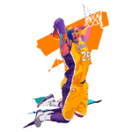 Jogador de basquete fazendo uma enterrada, vestindo uniforme dos Los Angeles Lakers, número 24. Imagem em estilo artístico com cores vibrantes e fundo dinâmico. Representa a energia do basquete e a paixão pelo esporte.