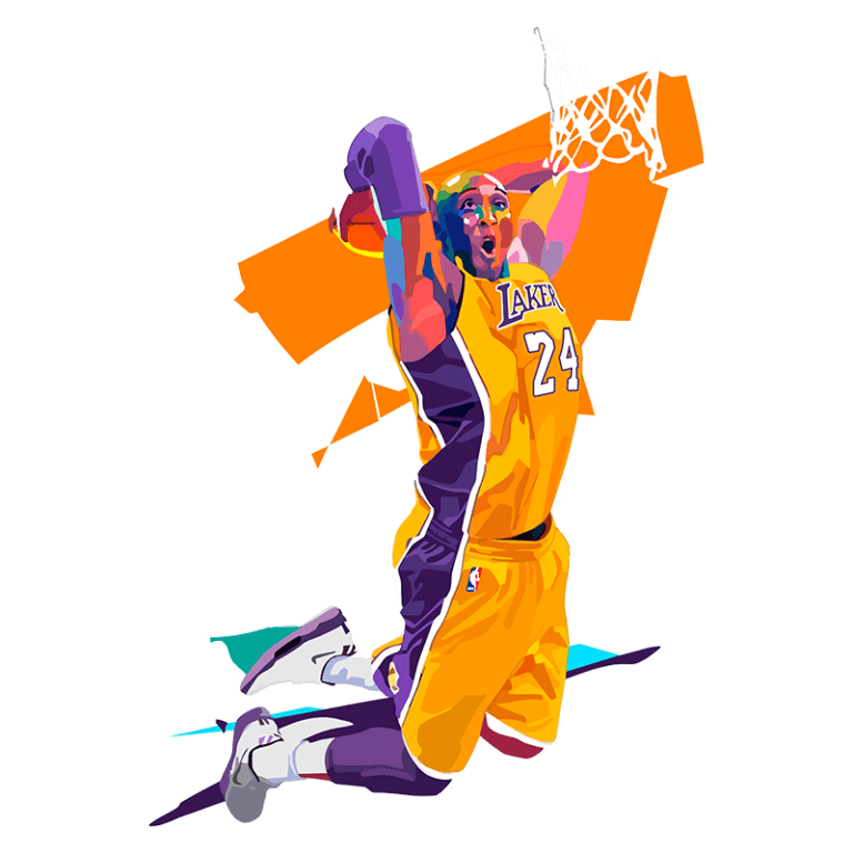 Jogador de basquete fazendo uma enterrada, vestindo uniforme dos Los Angeles Lakers, número 24. Imagem em estilo artístico com cores vibrantes e fundo dinâmico. Representa a energia do basquete e a paixão pelo esporte.