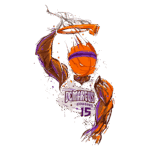 Ilustração de um jogador de basquete, representando DeMarcus Cousins, realizando uma enterrada. A imagem destaca detalhes dinâmicos e coloridos, com destaque para o número 15 e o nome "DeMarcus Cousins".