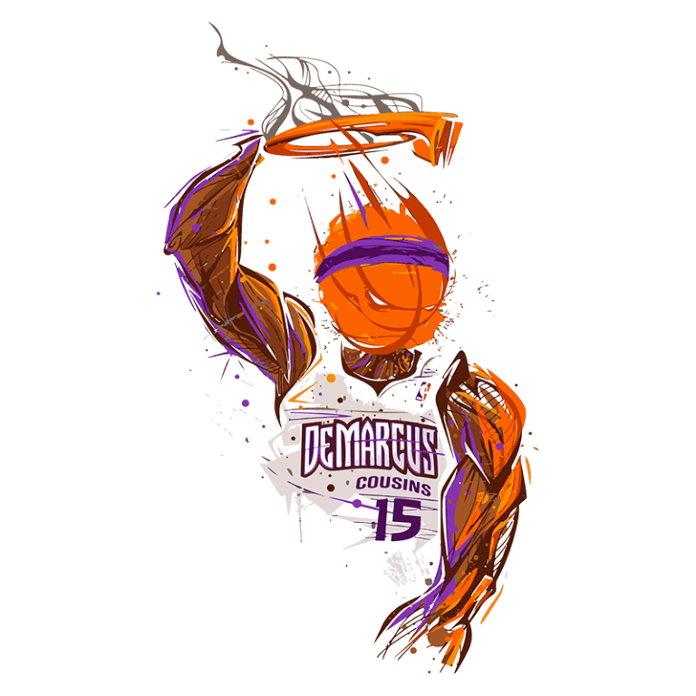 Ilustração de um jogador de basquete, representando DeMarcus Cousins, realizando uma enterrada. A imagem destaca detalhes dinâmicos e coloridos, com destaque para o número 15 e o nome "DeMarcus Cousins".