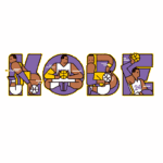 Ilustração estilizada do nome "KOBE" com elementos de basquete, featuring jogadores em poses dinâmicas, representando a carreira do famoso atleta Kobe Bryant, destacando a cor roxa e amarelo, icônicas do Los Angeles Lakers.