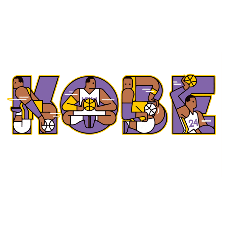Ilustração estilizada do nome "KOBE" com elementos de basquete, featuring jogadores em poses dinâmicas, representando a carreira do famoso atleta Kobe Bryant, destacando a cor roxa e amarelo, icônicas do Los Angeles Lakers.