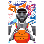 Ilustração de jogador de basquete segurando uma bola, com uma expressão focada. Fundo colorido com símbolos e logotipos de equipes, destacando a cultura do basquete.