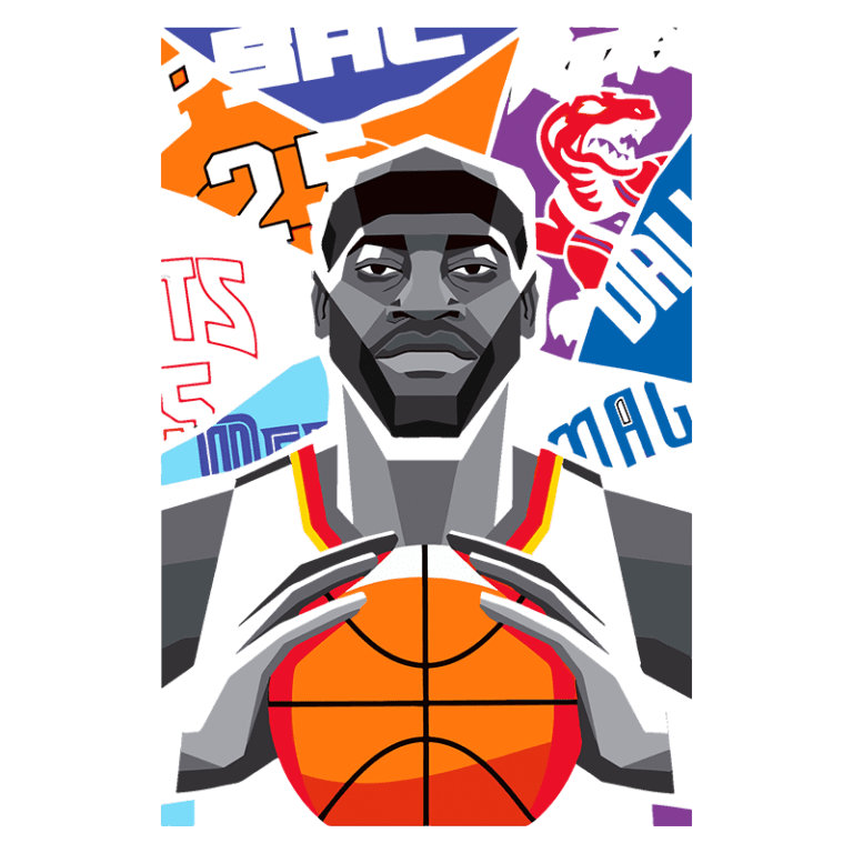 Ilustração de jogador de basquete segurando uma bola, com uma expressão focada. Fundo colorido com símbolos e logotipos de equipes, destacando a cultura do basquete.