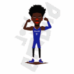 Jogador de basquete em estilo cartoon, vestido com uniforme azul do Philadelphia 76ers, flexionando os músculos e exibindo confiança, com o número 21 nas costas e uma expressão determinada.