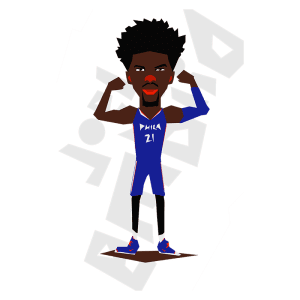 Jogador de basquete em estilo cartoon, vestido com uniforme azul do Philadelphia 76ers, flexionando os músculos e exibindo confiança, com o número 21 nas costas e uma expressão determinada.