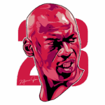 Ilustração artística de um atleta expressivo, representando o icônico número 23, associado a Michael Jordan, com um fundo em cores vibrantes.