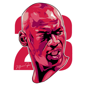 Ilustração artística de um atleta expressivo, representando o icônico número 23, associado a Michael Jordan, com um fundo em cores vibrantes.