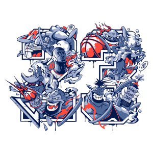 Ilustração vibrante com personagens inspirados em cartoons, incluindo um jogador de basquete e referências ao filme "Space Jam". A arte apresenta elementos de ação e humor, destacando elementos icônicos de diversos personagens, como coelhos e monstros, com um fundo colorido e dinâmico.