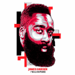 Ilustração de James Harden, jogador de basquete da NBA, destacando sua aparência icônica com barba e cabelo estilizado. Texto informativo sobre seu desempenho, mencionando sua 6ª participação no All-Star Game.