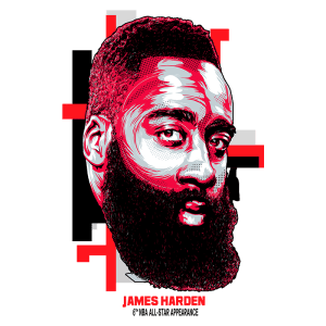Ilustração de James Harden, jogador de basquete da NBA, destacando sua aparência icônica com barba e cabelo estilizado. Texto informativo sobre seu desempenho, mencionando sua 6ª participação no All-Star Game.