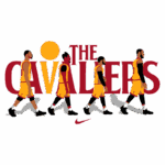 Imagem estilizada da equipe de basquete Cleveland Cavaliers, apresentando quatro jogadores em movimento, usando suas uniformes tradicionais amarelos e vermelhos, com o logo da Nike em destaque.