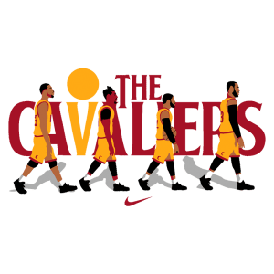 Imagem estilizada da equipe de basquete Cleveland Cavaliers, apresentando quatro jogadores em movimento, usando suas uniformes tradicionais amarelos e vermelhos, com o logo da Nike em destaque.