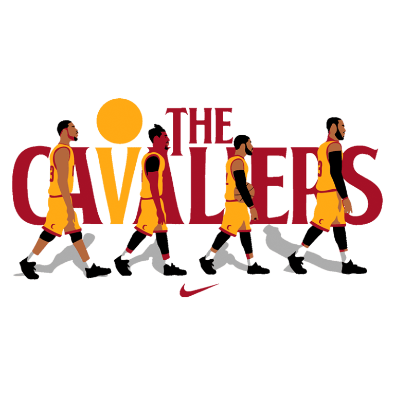 Imagem estilizada da equipe de basquete Cleveland Cavaliers, apresentando quatro jogadores em movimento, usando suas uniformes tradicionais amarelos e vermelhos, com o logo da Nike em destaque.