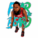 Ilustração digital de jogador de basquete com barba, vestido com uniforme do Philadelphia 76ers, posando em uma ação dinâmica, acompanhada pela frase "FEAR THE BEARD" em estilo gráfico vibrante.