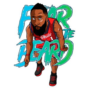 Ilustração digital de jogador de basquete com barba, vestido com uniforme do Philadelphia 76ers, posando em uma ação dinâmica, acompanhada pela frase "FEAR THE BEARD" em estilo gráfico vibrante.