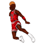 Ilustração de jogador de basquete em movimento, vestindo uniforme dos Chicago Bulls com o número 23, driblando uma bola de basquete. O fundo é verde, destacando a energia e a ação do esporte.