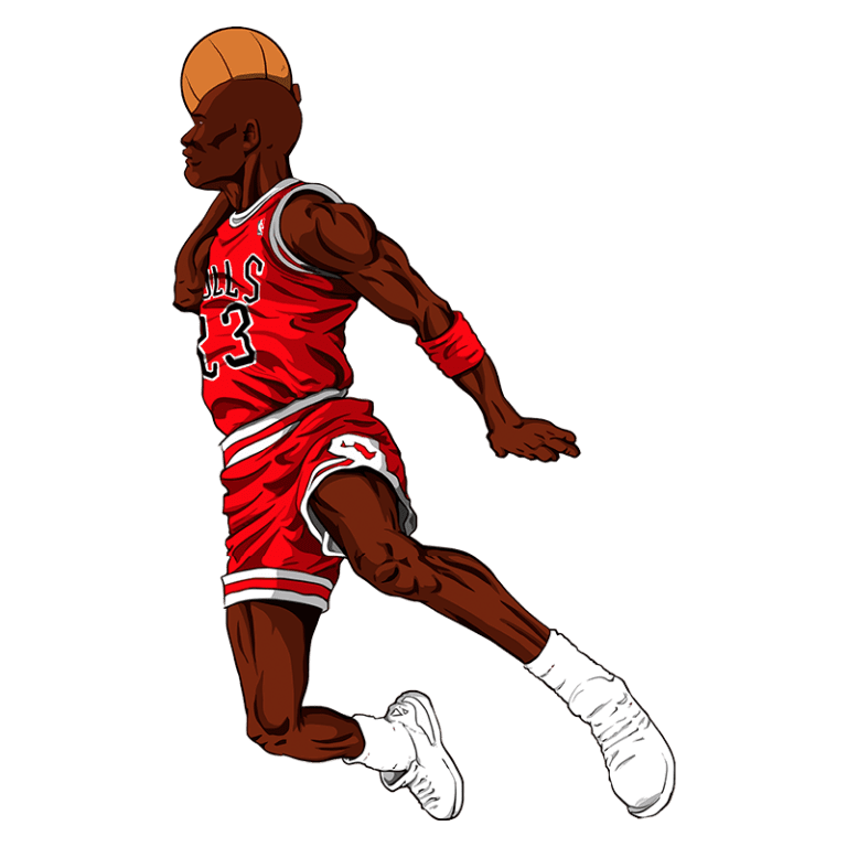 Ilustração de jogador de basquete em movimento, vestindo uniforme dos Chicago Bulls com o número 23, driblando uma bola de basquete. O fundo é verde, destacando a energia e a ação do esporte.