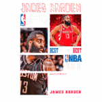 Imagem estilizada do jogador de basquete James Harden, destaque da NBA, com ênfase em seu papel nos playoffs. Inclui imagens de sua performance com o Houston Rockets e frases inspiradoras sobre talento e trabalho em equipe.