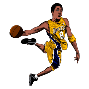 Jogador de basquete em ação, vestindo uniforme amarelo do Los Angeles Lakers, número 8, driblando a bola em um movimento dinâmico.