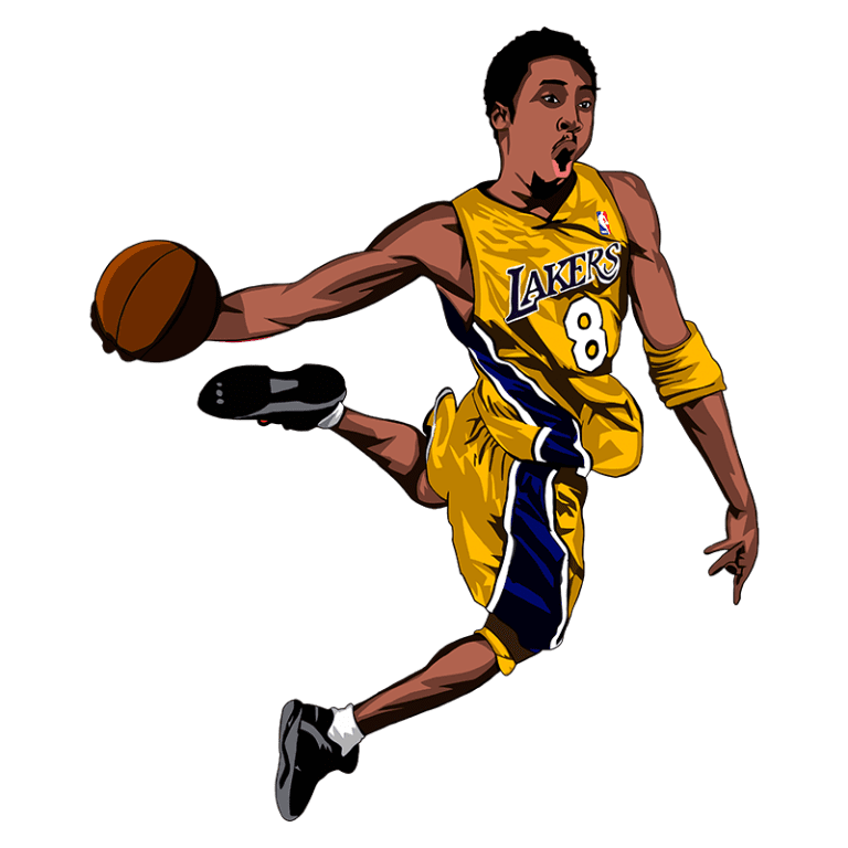 Jogador de basquete em ação, vestindo uniforme amarelo do Los Angeles Lakers, número 8, driblando a bola em um movimento dinâmico.