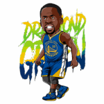 Ilustração de Draymond Green, jogador do Golden State Warriors, vestindo uniforme azul e amarelo, com o número 23. O fundo apresenta um grafismo vibrante em verde e amarelo.