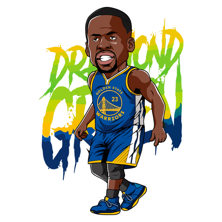 Ilustração de Draymond Green, jogador do Golden State Warriors, vestindo uniforme azul e amarelo, com o número 23. O fundo apresenta um grafismo vibrante em verde e amarelo.