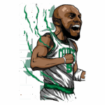 Ilustração de jogador de basquete em ação com uniforme do Boston Celtics, destacando a expressão de emoção e energia. O número 5 é visível na camisa, acompanhada por um fundo gráfico estilizado com letras e linhas dinâmicas. Ideal para fãs de basquete e cultura esportiva.