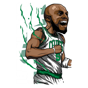 Ilustração de jogador de basquete em ação com uniforme do Boston Celtics, destacando a expressão de emoção e energia. O número 5 é visível na camisa, acompanhada por um fundo gráfico estilizado com letras e linhas dinâmicas. Ideal para fãs de basquete e cultura esportiva.