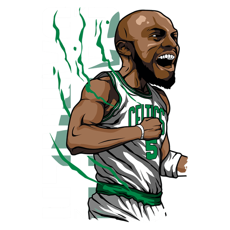 Ilustração de jogador de basquete em ação com uniforme do Boston Celtics, destacando a expressão de emoção e energia. O número 5 é visível na camisa, acompanhada por um fundo gráfico estilizado com letras e linhas dinâmicas. Ideal para fãs de basquete e cultura esportiva.