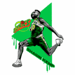 Ilustração de Shawn Kemp jogando basquete, vestido com o uniforme do Seattle SuperSonics, em destaque sobre um fundo verde vibrante.