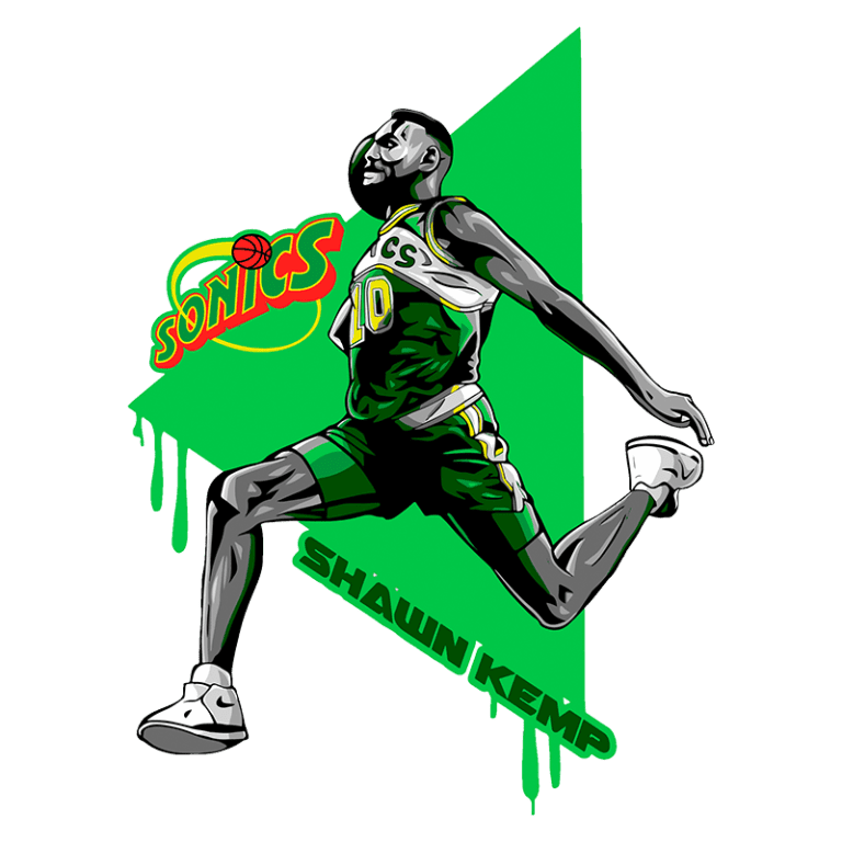 Ilustração de Shawn Kemp jogando basquete, vestido com o uniforme do Seattle SuperSonics, em destaque sobre um fundo verde vibrante.