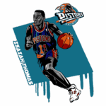 Ilustração de Isaiah Thomas, jogador de basquete do Detroit Pistons, em ação com a bola. Ele usa o uniforme da equipe, destacando-se com a camisa número 11. O logo dos Pistons aparece ao fundo, complementando a imagem vibrante.